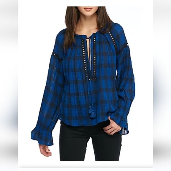 Nwt, free people top, blue plaid pullover - Picture 1 of 9